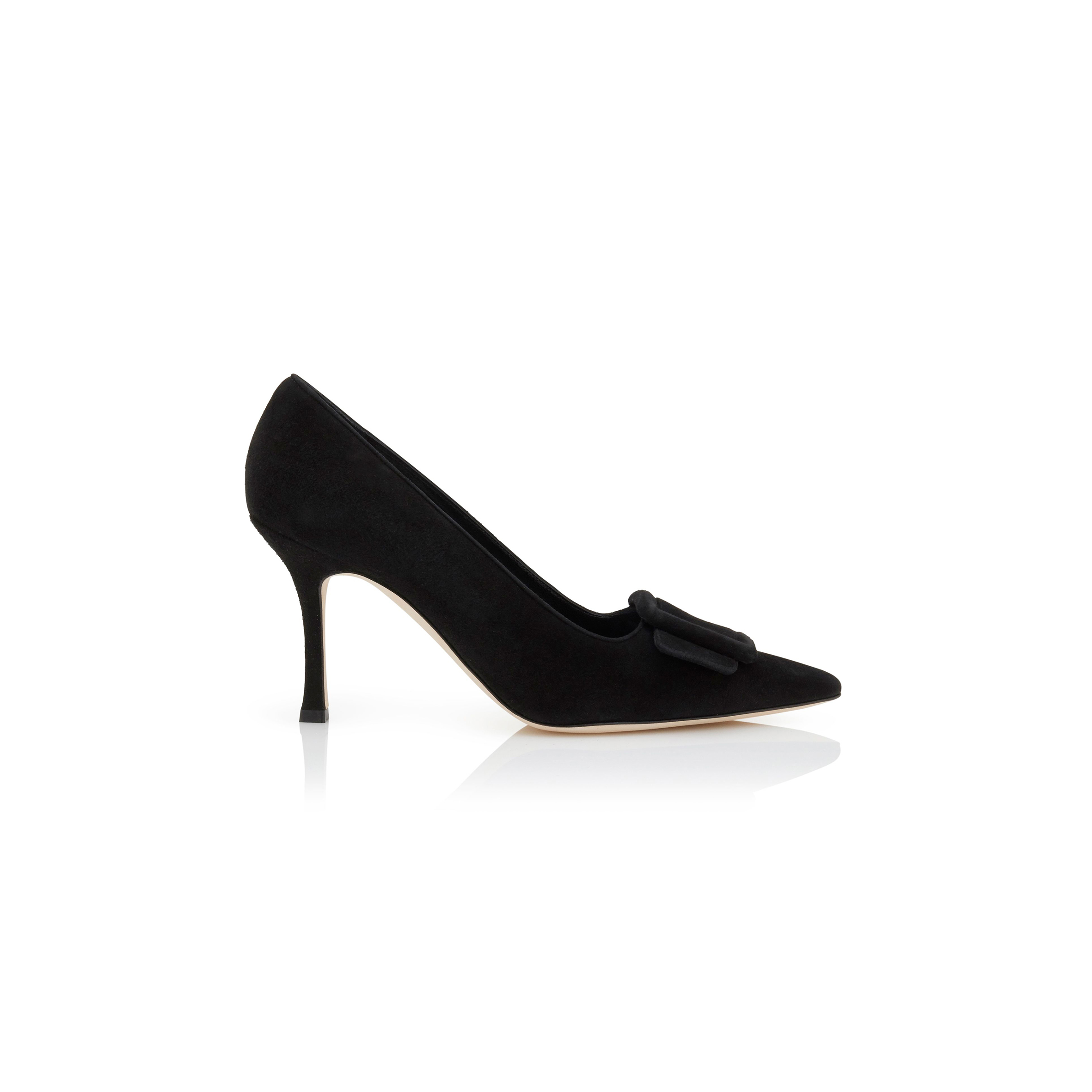 MANOLO BLAHNIK MAYSALEPUMP 90 JET BLACK SUEDE BUCKLE DETAIL PUMPS 219-0174-0005
